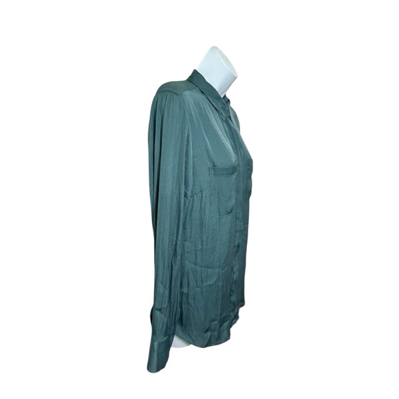 A New Day Silky Dark Green Button Front Shirt Sz M Long-Sleeve Blouse Pockets - Picture 4 of 6